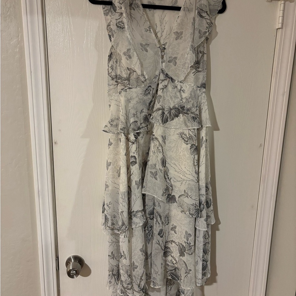 White and Gray Floral Ruffled Midi Dress